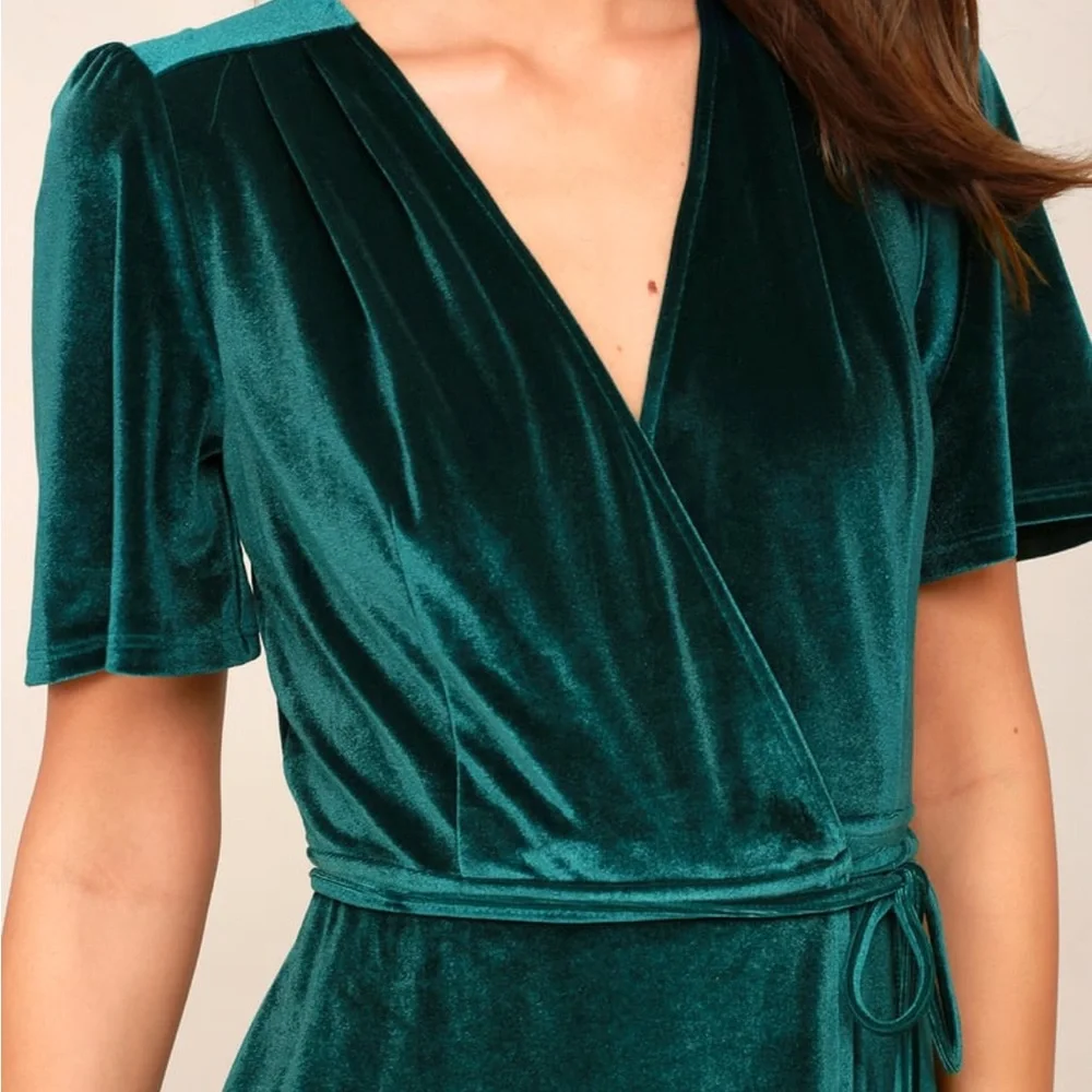 Lulus teal green velvet high-low wrap dress size S - Picture 6 of 8